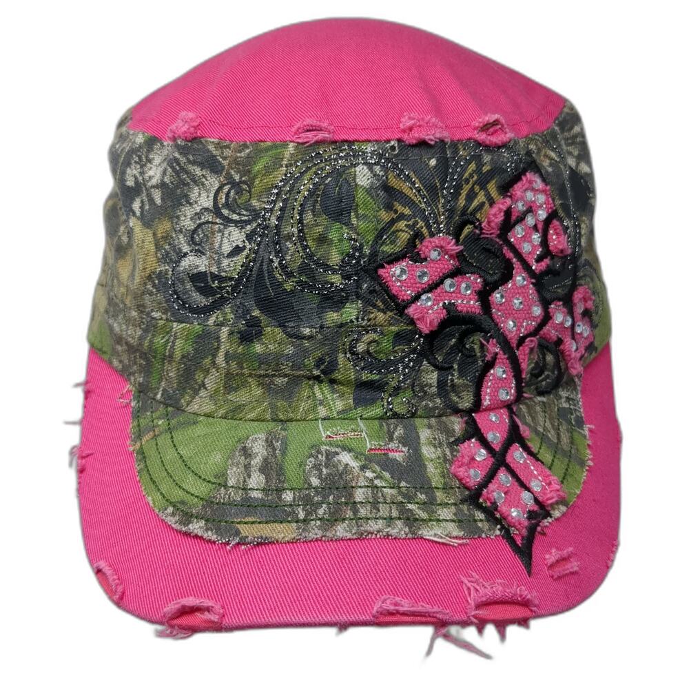 KBETHOS Army Cap Pink One Size Rhinestone Cross Mossy Oak Camo Frayed Hat
